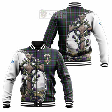 Russell Tartan Baseball Jacket with Family Crest and St. Andrew's Cross Accented by Thistle Vines Unisex - Tartan Vibes Clothing