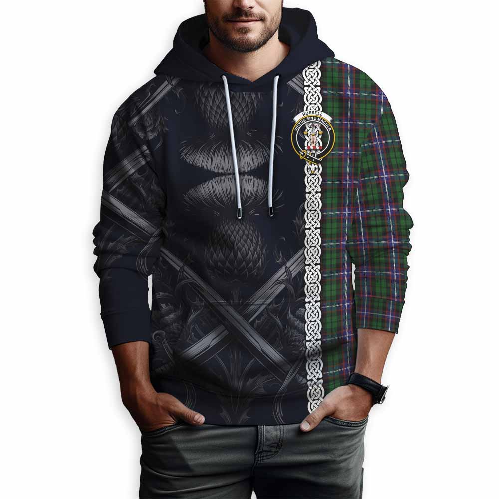 Russell Tartan Hoodie with Family Crest Cross Sword Thistle Celtic Vibes Pullover Hoodie - Tartan Vibes Clothing