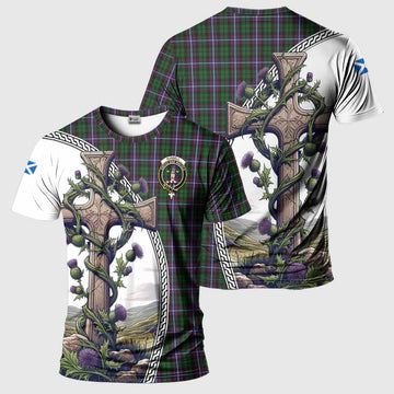 Russell Tartan T-Shirt with Family Crest and St. Andrew's Cross Accented by Thistle Vines Kid's Shirt - Tartan Vibes Clothing