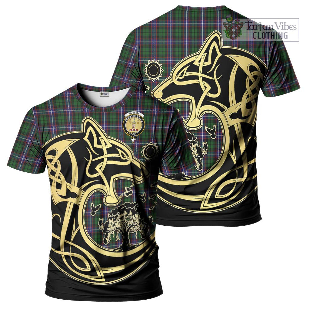 Russell Tartan T-Shirt with Family Crest Celtic Wolf Style Kid's Shirt - Tartan Vibes Clothing