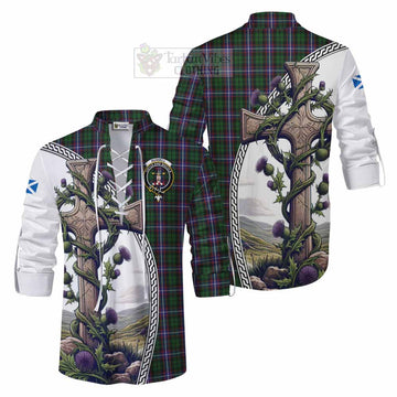 Russell Tartan Ghillie Kilt Shirt with Family Crest and St. Andrew's Cross Accented by Thistle Vines Men - Tartan Vibes Clothing