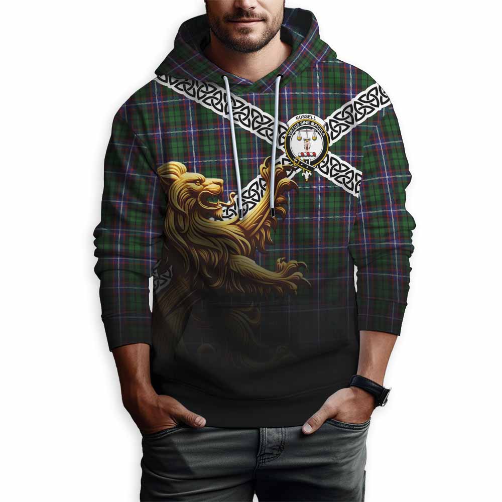 Russell Crest Tartan Hoodie with Golden Lion Emblem Celtic Style Pullover Hoodie - Tartan Vibes Clothing