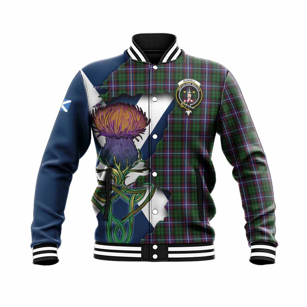 Tartan Vibes Clothing Russell Tartan Family Crest Baseball Jacket Scottish Thistle Celtic Inspired