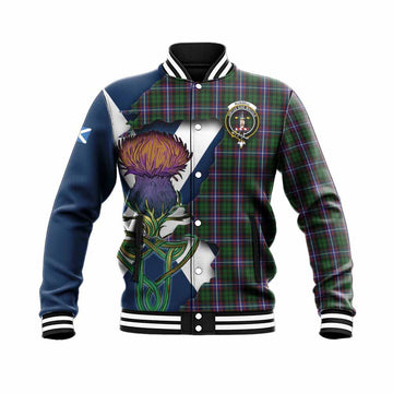 Tartan Vibes Clothing Russell Tartan Family Crest Baseball Jacket Scottish Thistle Celtic Inspired