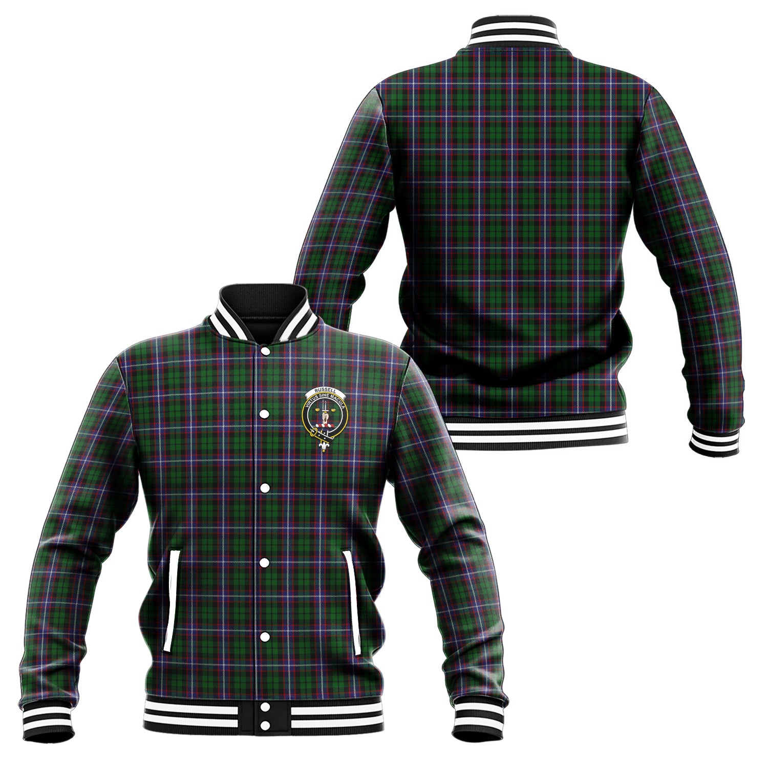 Russell Tartan Baseball Jacket with Family Crest Unisex - Tartan Vibes Clothing