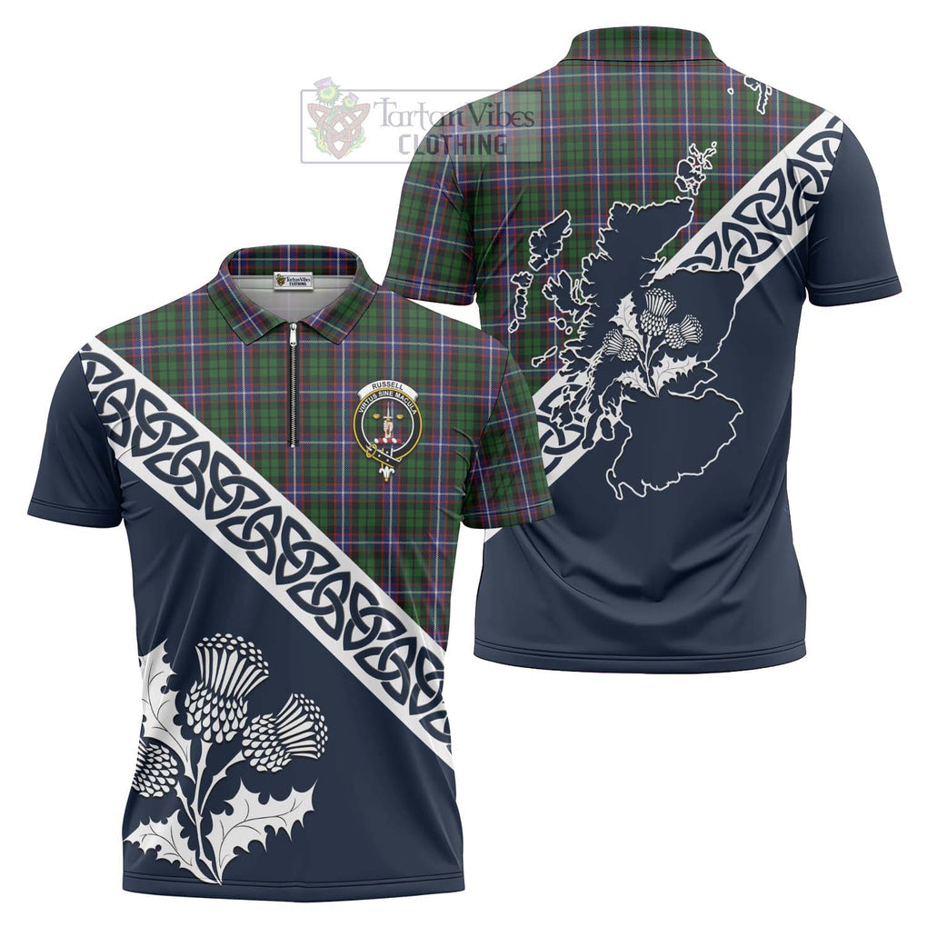 Russell Tartan Zipper Polo Shirt Featuring Thistle and Scotland Map Unisex - Tartanvibesclothing Store