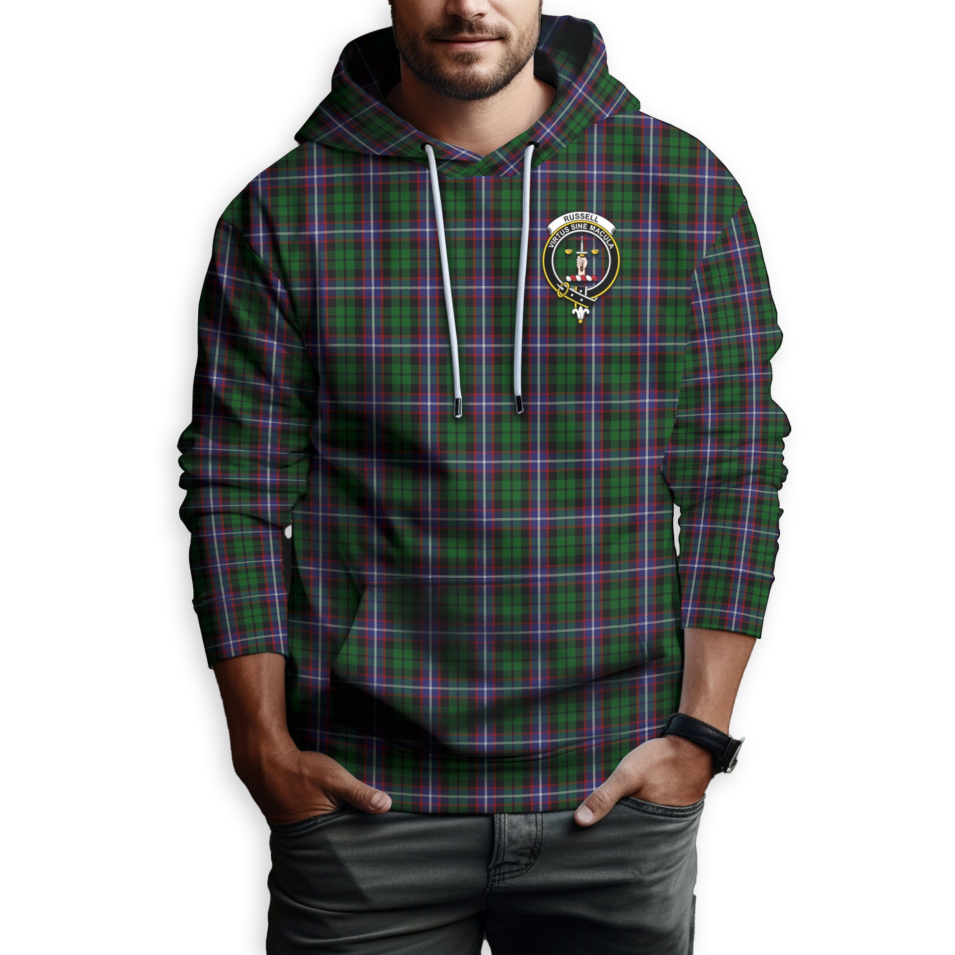 Russell Tartan Hoodie with Family Crest Zip Hoodie - Tartan Vibes Clothing
