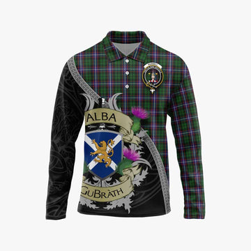 Russell Tartan Family Crest Long Sleeve Polo Shirt Lion Rampant Royal Thistle Shield Celtic Inspired Unisex - Tartan Vibes Clothing