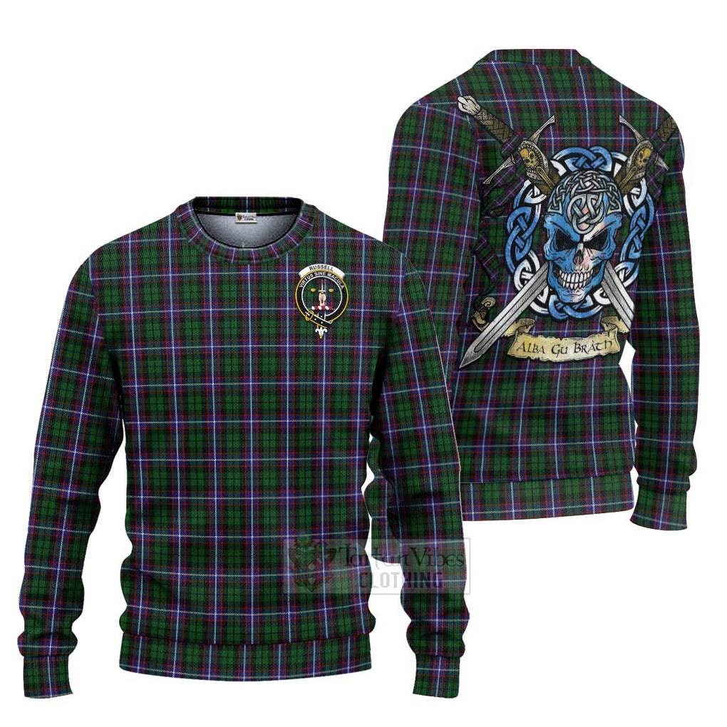 Russell Tartan Ugly Sweater with Family Crest Celtic Skull Style Unisex - Tartan Vibes Clothing