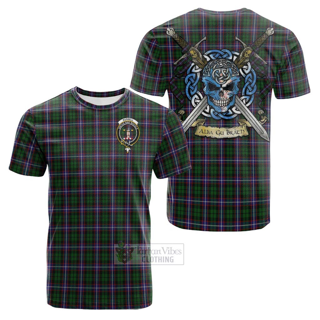 Russell Tartan Cotton T-shirt with Family Crest Celtic Skull Style Kid's Shirt - Tartan Vibes Clothing