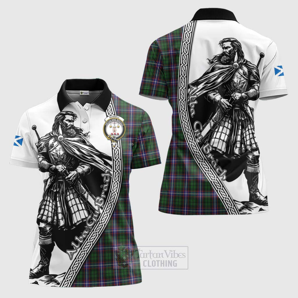 Russell Tartan Clan Crest Women's Polo Shirt with Highlander Warrior Celtic Style Women - Tartan Vibes Clothing