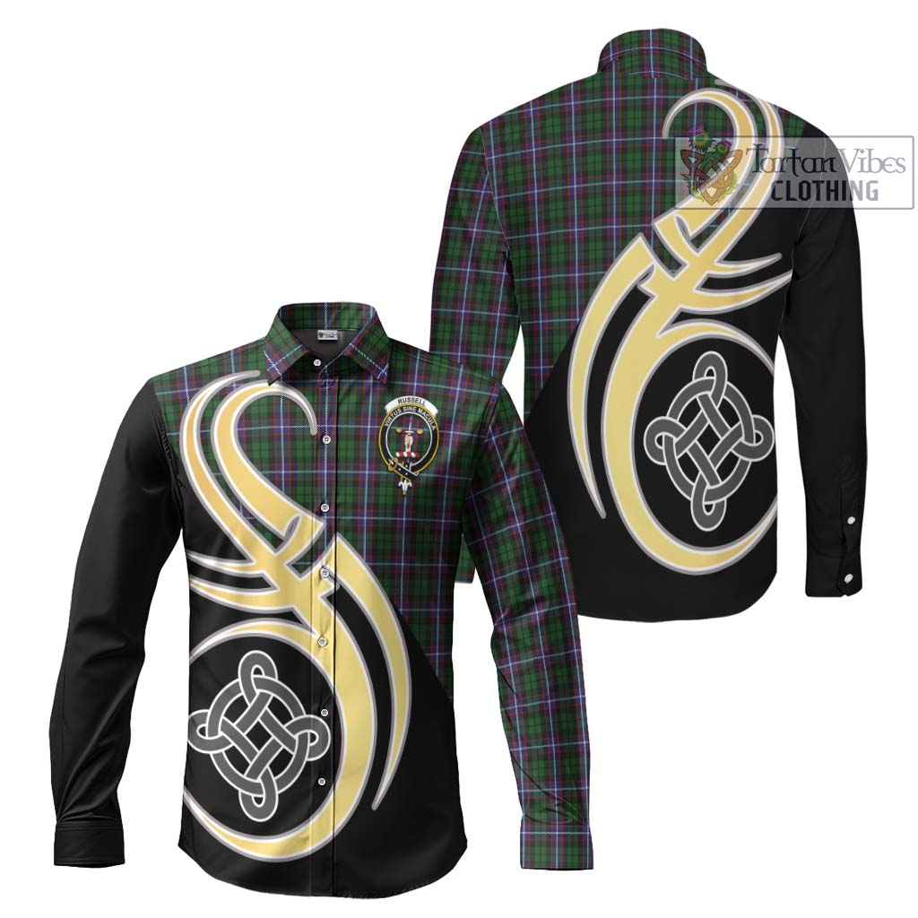 Russell Tartan Long Sleeve Button Shirt with Family Crest and Celtic Symbol Style Men's Shirt S - Tartan Vibes Clothing