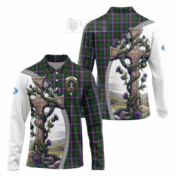 Russell Tartan Long Sleeve Polo Shirt with Family Crest and St. Andrew's Cross Accented by Thistle Vines Unisex - Tartan Vibes Clothing
