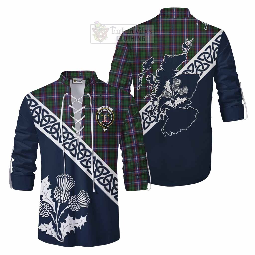 Russell Tartan Ghillie Kilt Shirt Featuring Thistle and Scotland Map Men - Tartan Vibes Clothing
