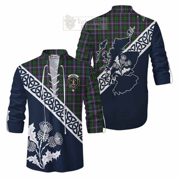 Russell Tartan Ghillie Kilt Shirt Featuring Thistle and Scotland Map Men - Tartan Vibes Clothing