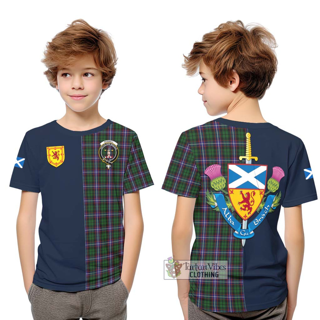 Russell Tartan Kid T-Shirt Alba with Scottish Lion Royal Arm Half Style Youth XL Size14 - Tartan Vibes Clothing