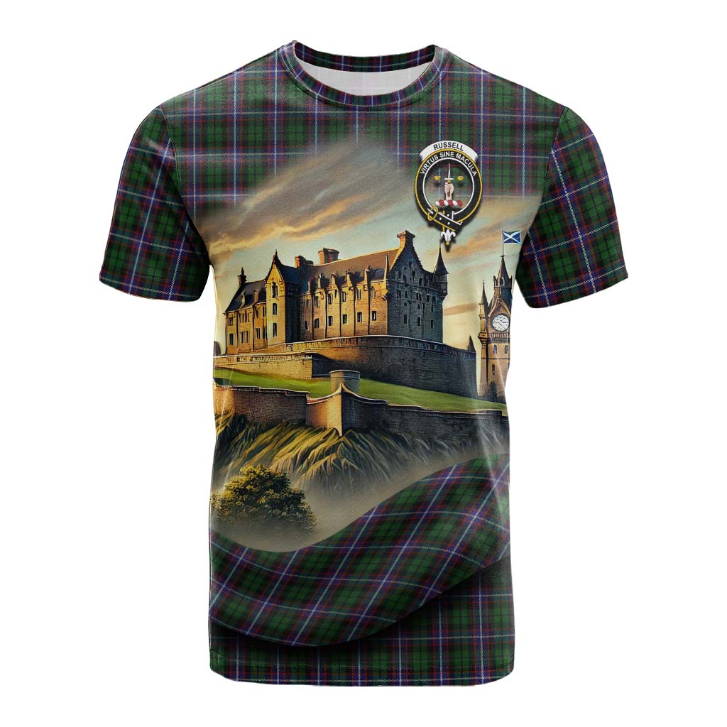 Russell Tartan Family Crest Cotton T-shirt with Scottish Ancient Castle Style Kid's Shirt - Tartan Vibes Clothing