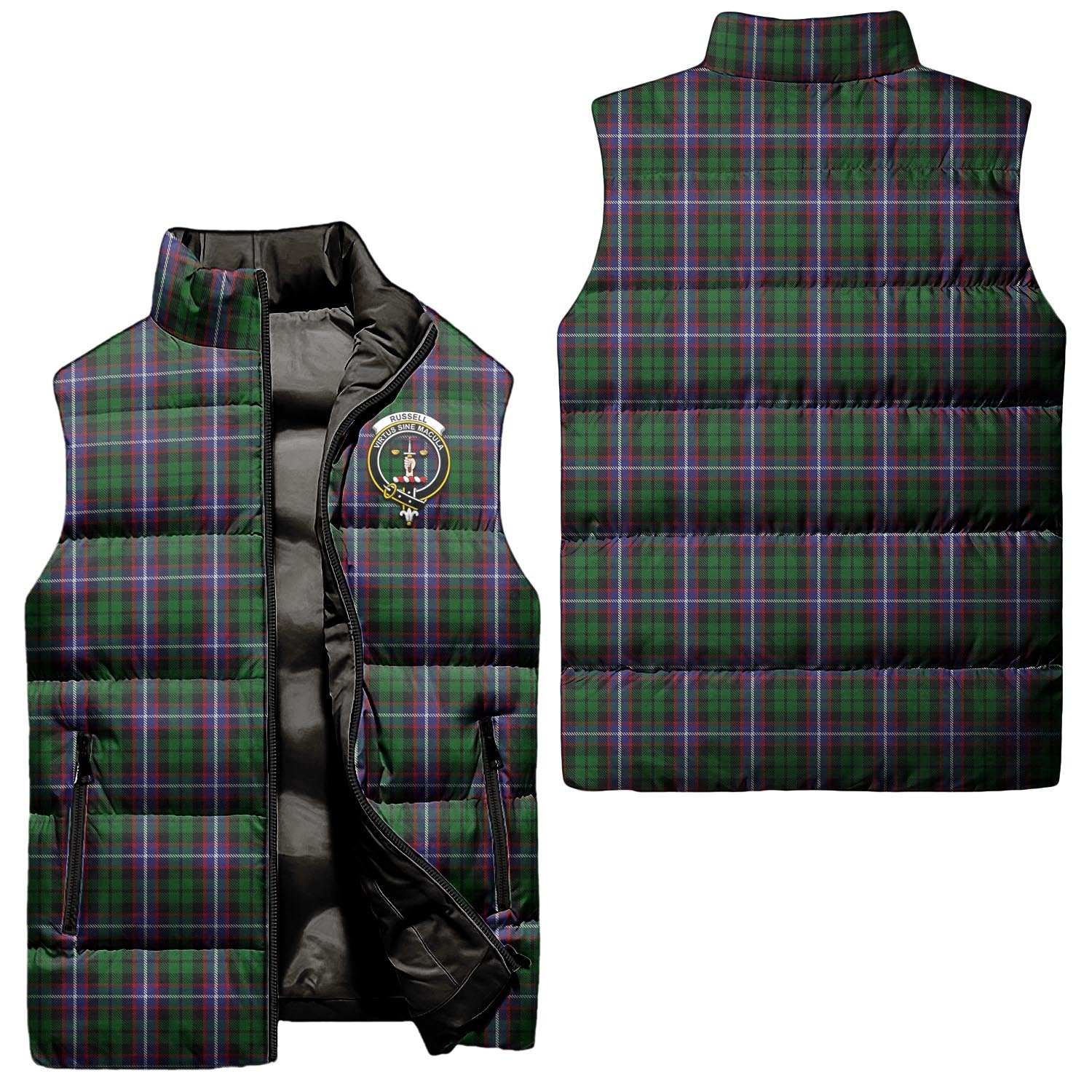 Russell Tartan Sleeveless Puffer Jacket with Family Crest Unisex - Tartan Vibes Clothing