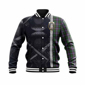 Russell Tartan Baseball Jacket with Family Crest Cross Sword Thistle Celtic Vibes Unisex - Tartan Vibes Clothing
