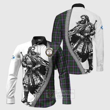 Russell Tartan Clan Crest Long Sleeve Button Shirt with Highlander Warrior Celtic Style Men's Shirt S - Tartan Vibes Clothing