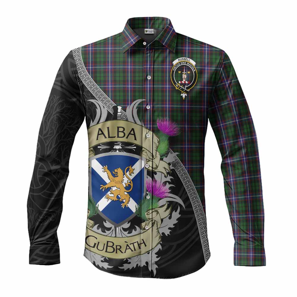 Russell Tartan Family Crest Long Sleeve Button Shirt Lion Rampant Royal Thistle Shield Celtic Inspired Men's Shirt S - Tartan Vibes Clothing