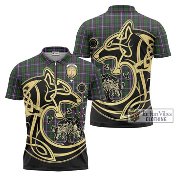 Russell Tartan Zipper Polo Shirt with Family Crest Celtic Wolf Style Unisex - Tartan Vibes Clothing