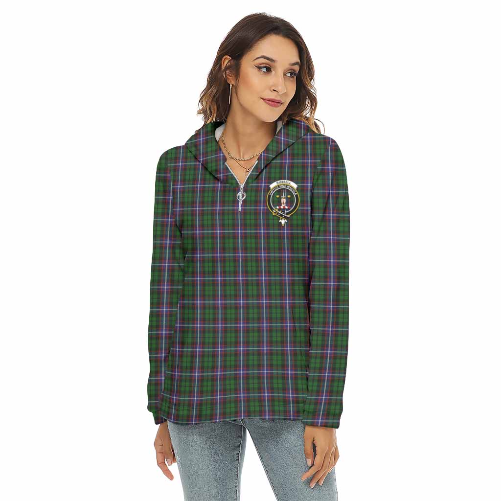 Russell Tartan Women's Borg Fleece Hoodie with Half Zip with Family Crest Female - Tartan Vibes Clothing