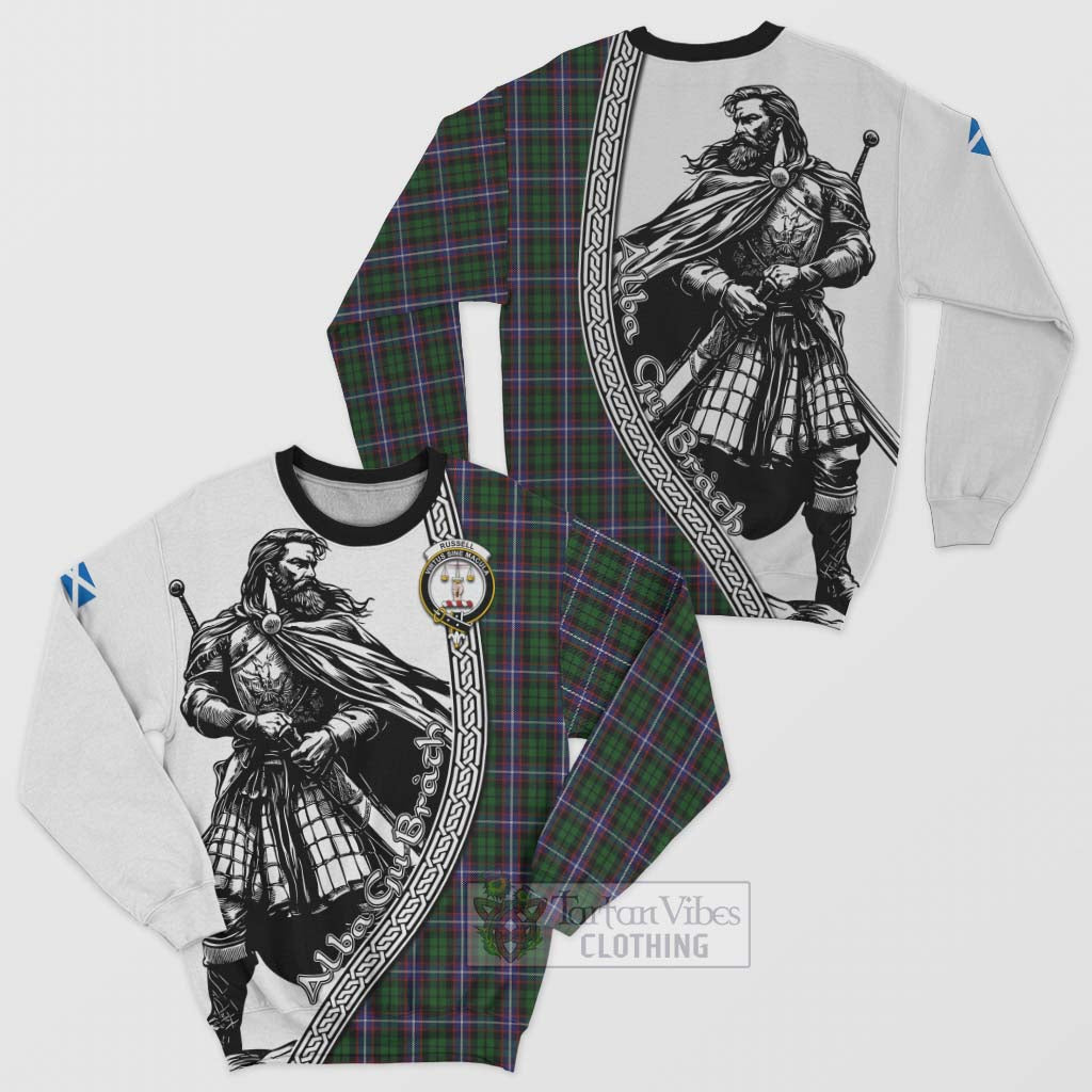 Russell Tartan Clan Crest Sweatshirt with Highlander Warrior Celtic Style Unisex - Tartan Vibes Clothing