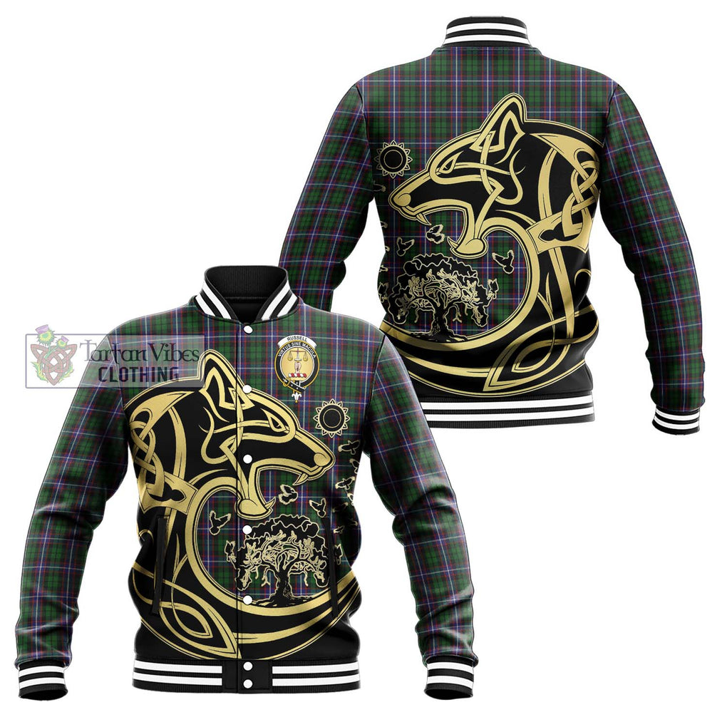Russell Tartan Baseball Jacket with Family Crest Celtic Wolf Style Unisex - Tartan Vibes Clothing