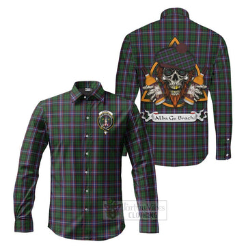 Russell Tartan Long Sleeve Button Shirt with Family Crest and Bearded Skull Holding Bottles of Whiskey Men's Shirt S - Tartan Vibes Clothing
