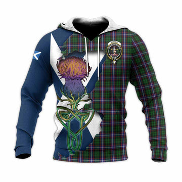Tartan Vibes Clothing Russell Tartan Family Crest Knitted Hoodie Scottish Thistle Celtic Inspired