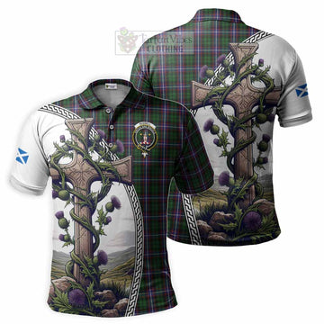 Russell Tartan Polo Shirt with Family Crest and St. Andrew's Cross Accented by Thistle Vines Kid - Tartan Vibes Clothing