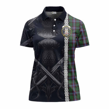 Russell Tartan Women's Polo Shirt with Family Crest Cross Sword Thistle Celtic Vibes Women - Tartan Vibes Clothing