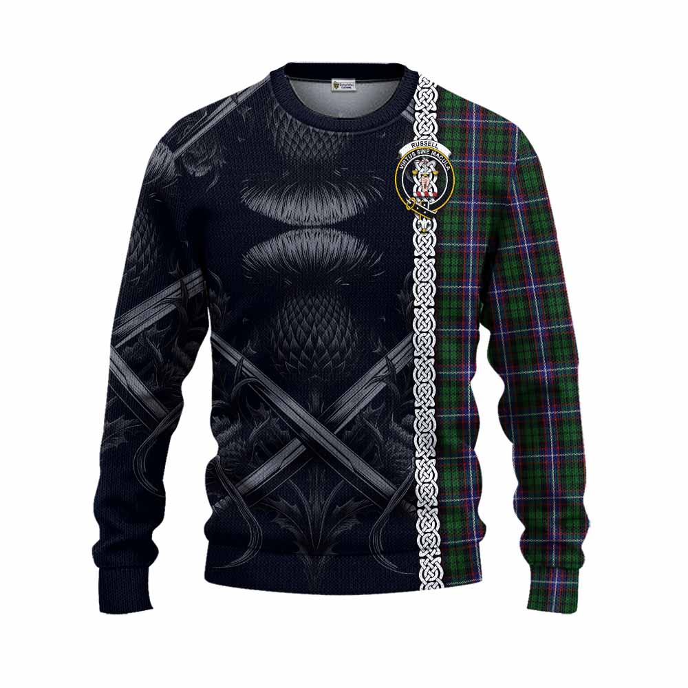 Russell Tartan Knitted Sweater with Family Crest Cross Sword Thistle Celtic Vibes Unisex - Tartan Vibes Clothing