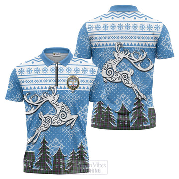 Russell Clan Christmas Zipper Polo Shirt Celtic Reindeer Style Unisex - Tartan Vibes Clothing