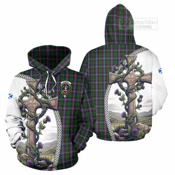 Russell Tartan Hoodie with Family Crest and St. Andrew's Cross Accented by Thistle Vines Zip Hoodie - Tartan Vibes Clothing