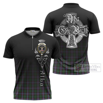Russell Tartan Zipper Polo Shirt Featuring Alba Gu Brath Family Crest Celtic Inspired Unisex - Tartan Vibes Clothing