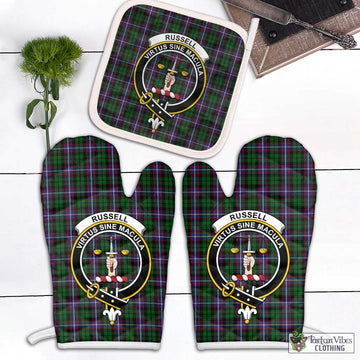 Russell Tartan Combo Oven Mitt & Pot-Holder with Family Crest Combo 2 Oven Mitt & 1 Pot-Holder Black - Tartan Vibes Clothing