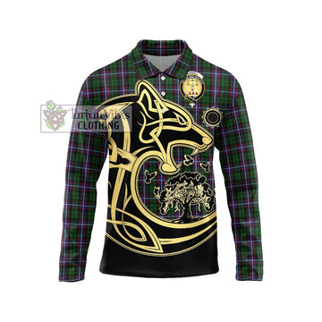 Russell Tartan Long Sleeve Polo Shirt with Family Crest Celtic Wolf Style Unisex - Tartan Vibes Clothing