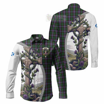 Russell Tartan Long Sleeve Button Shirt with Family Crest and St. Andrew's Cross Accented by Thistle Vines Men's Shirt S - Tartan Vibes Clothing