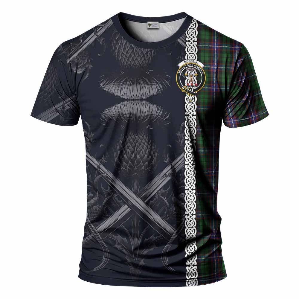 Russell Tartan T-Shirt with Family Crest Cross Sword Thistle Celtic Vibes Kid's Shirt - Tartan Vibes Clothing