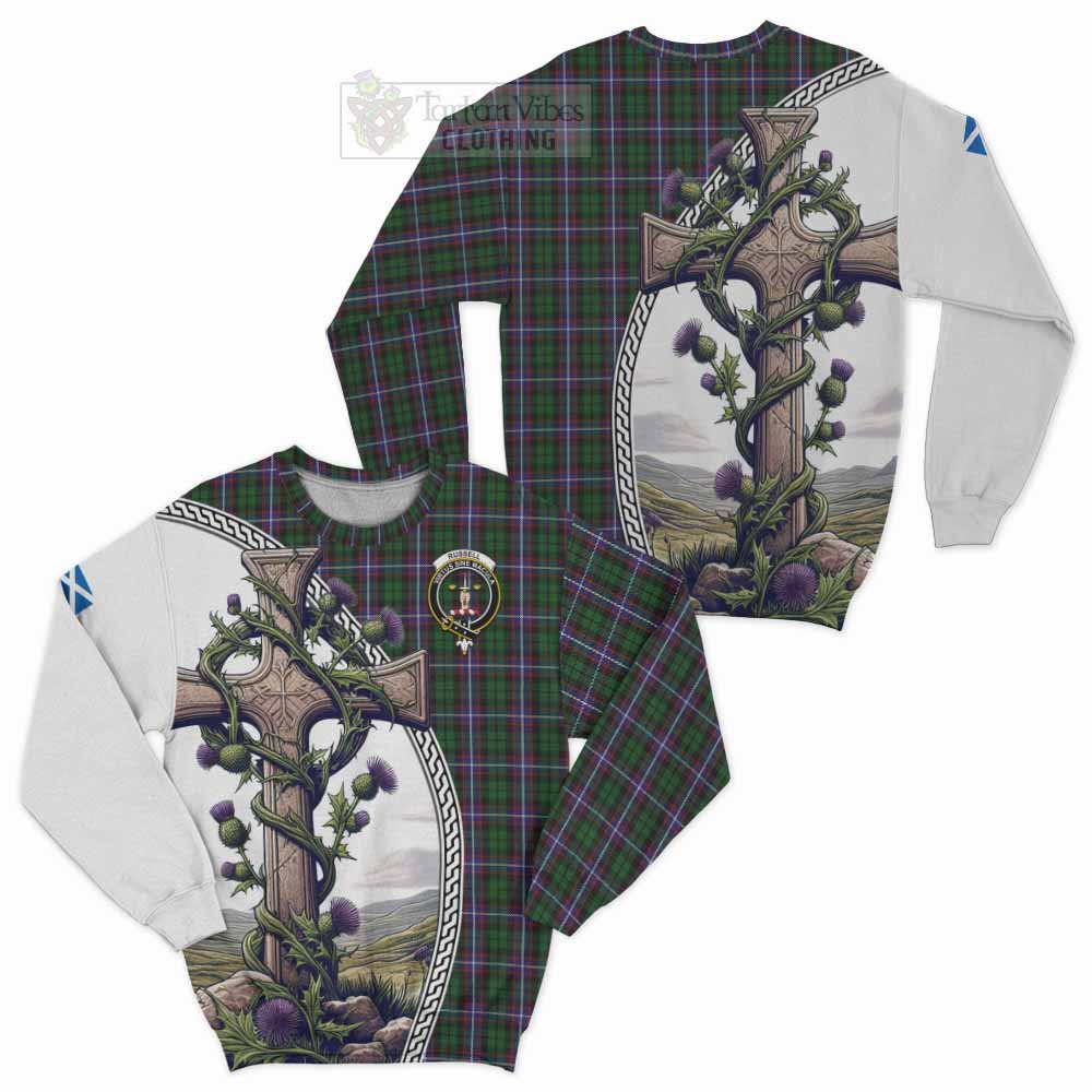 Russell Tartan Sweatshirt with Family Crest and St. Andrew's Cross Accented by Thistle Vines Unisex - Tartan Vibes Clothing