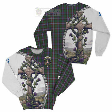 Russell Tartan Sweatshirt with Family Crest and St. Andrew's Cross Accented by Thistle Vines Unisex - Tartan Vibes Clothing