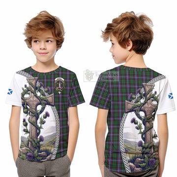 Russell Tartan Kid T-Shirt with Family Crest and St. Andrew's Cross Accented by Thistle Vines Youth XL Size14 - Tartan Vibes Clothing
