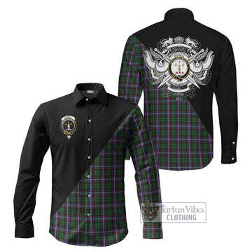Russell Tartan Long Sleeve Button Shirt with Family Crest and Military Logo Style Men's Shirt S - Tartanvibesclothing Shop