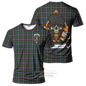 Russell Tartan T-Shirt with Family Crest and Bearded Skull Holding Bottles of Whiskey Kid's Shirt - Tartan Vibes Clothing