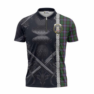 Russell Tartan Zipper Polo Shirt with Family Crest Cross Sword Thistle Celtic Vibes Unisex - Tartan Vibes Clothing