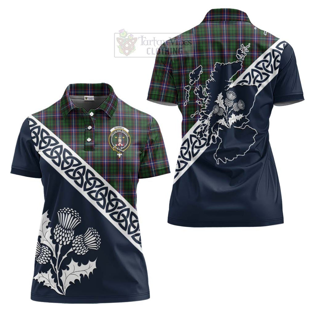 Russell Tartan Women's Polo Shirt Featuring Thistle and Scotland Map Women - Tartanvibesclothing Store