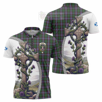 Russell Tartan Zipper Polo Shirt with Family Crest and St. Andrew's Cross Accented by Thistle Vines Unisex - Tartan Vibes Clothing
