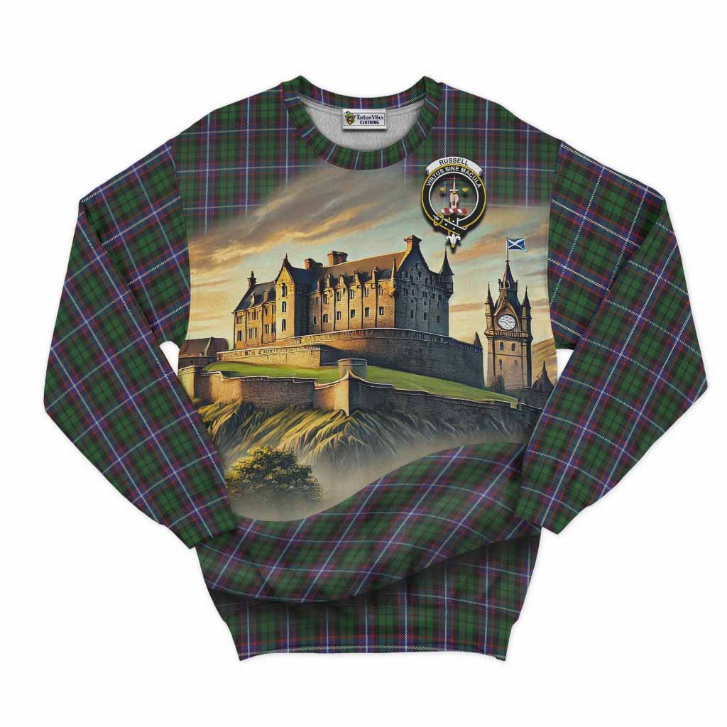 Russell Tartan Family Crest Sweatshirt with Scottish Ancient Castle Style Unisex - Tartan Vibes Clothing
